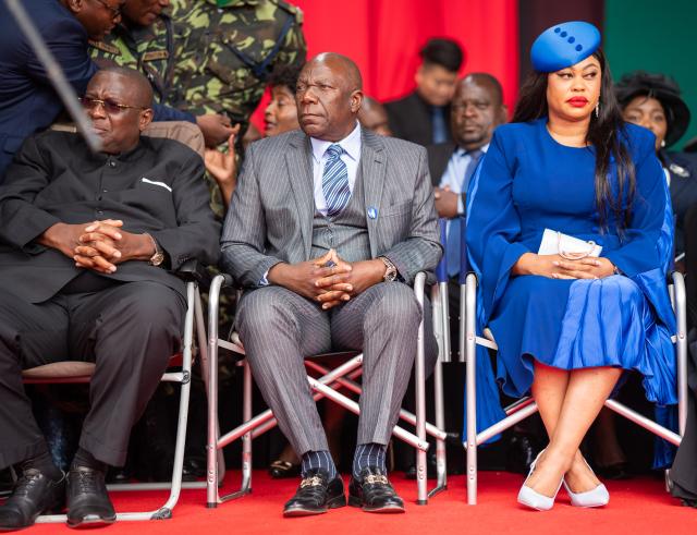 (251006) -- LILONGWE (MALAWI), Oct. 6, 2025 (Xinhua) -- This file photo taken on Oct. 4, 2025 shows Enock Chihana (C) attending the inauguration ceremony of the newly-elected Malawian President Peter Mutharika in Blantyre, Malawi. Malawian President Peter Mutharika appointed Enock Chihana of the Alliance for Democracy (AFORD) party as second vice president on Sunday. (Photo by Joseph Mizere/Xinhua)