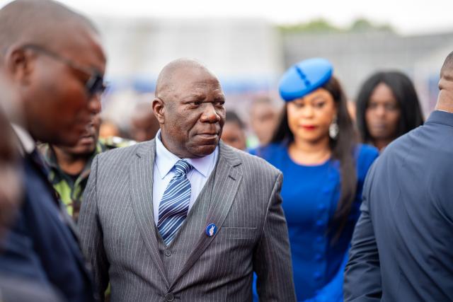(251006) -- LILONGWE (MALAWI), Oct. 6, 2025 (Xinhua) -- This file photo taken on Oct. 4, 2025 shows Enock Chihana (C) attending the inauguration ceremony of the newly-elected Malawian President Peter Mutharika in Blantyre, Malawi. Malawian President Peter Mutharika appointed Enock Chihana of the Alliance for Democracy (AFORD) party as second vice president on Sunday. (Photo by Joseph Mizere/Xinhua)
