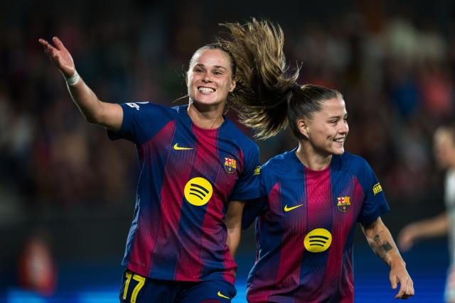 (251008) -- BARCELONA, Oct. 8, 2025 (Xinhua) -- Ewa Pajor (L) and Claudia Pina of Barcelona celebrate a goal during the league phase match between FC Barcelona and Bayern Munich at the UEFA Women's Champions League in Barcelona, Spain, Oct. 7, 2025. (Photo by Joan Gosa/Xinhua)