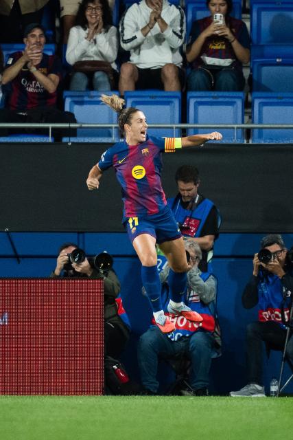 (251008) -- BARCELONA, Oct. 8, 2025 (Xinhua) -- Alexia Putellas of Barcelona celebrates a goal during the league phase match between FC Barcelona and Bayern Munich at the UEFA Women's Champions League in Barcelona, Spain, Oct. 7, 2025. (Photo by Joan Gosa/Xinhua)