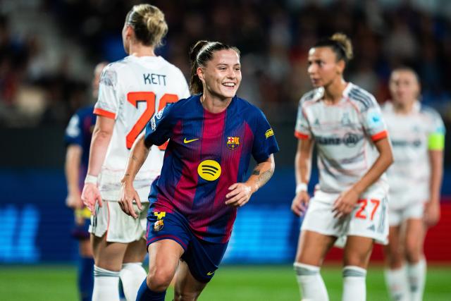 (251008) -- BARCELONA, Oct. 8, 2025 (Xinhua) -- Claudia Pina of Barcelona celebrates a goal during the league phase match between FC Barcelona and Bayern Munich at the UEFA Women's Champions League in Barcelona, Spain, Oct. 7, 2025. (Photo by Joan Gosa/Xinhua)