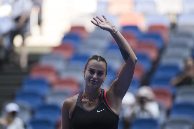 (251010) -- WUHAN, Oct. 10, 2025 (Xinhua) -- Aryna Sabalenka celebrates after the women's singles quarterfinal match between Elena Rybakina of Kazakhstan and Aryna Sabalenka of Belarus at the 2025 Wuhan Open tennis tournament in Wuhan, central China's Hubei Province, Oct. 10, 2025. (Xinhua/Wu Zhizun)