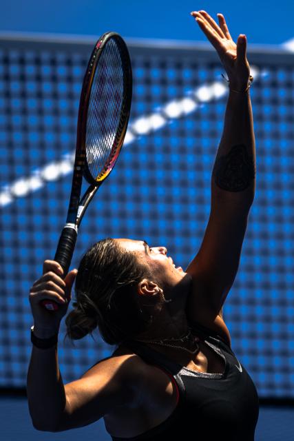 (251010) -- WUHAN, Oct. 10, 2025 (Xinhua) -- Aryna Sabalenka hits a return during the women's singles quarterfinal match between Elena Rybakina of Kazakhstan and Aryna Sabalenka of Belarus at the 2025 Wuhan Open tennis tournament in Wuhan, central China's Hubei Province, Oct. 10, 2025. (Xinhua/Xiao Yijiu)