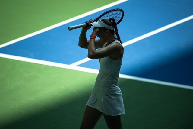 (251010) -- WUHAN, Oct. 10, 2025 (Xinhua) -- Elena Rybakina reacts during the women's singles quarterfinal match between Elena Rybakina of Kazakhstan and Aryna Sabalenka of Belarus at the 2025 Wuhan Open tennis tournament in Wuhan, central China's Hubei Province, Oct. 10, 2025. (Xinhua/Xiao Yijiu)