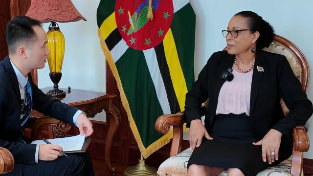 (251011) -- ROSEAU, Oct. 11, 2025 (Xinhua) -- President of the Commonwealth of Dominica Sylvanie Burton speaks during an exclusive interview with Xinhua in Roseau, capital of Dominica, Oct. 6, 2025. TO GO WITH "Interview: "I look forward to learning from China's experience at Global Leaders' Meeting on Women," says Dominican president" (Xinhua/Du Yanqin)