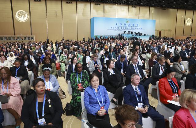 (251013) -- BEIJING, Oct. 13, 2025 (Xinhua) -- Participants attend the opening ceremony of the Global Leaders' Meeting on Women in Beijing, capital of China, Oct. 13, 2025. The Global Leaders' Meeting on Women was held in Beijing on Monday. (Xinhua/Ding Haitao)