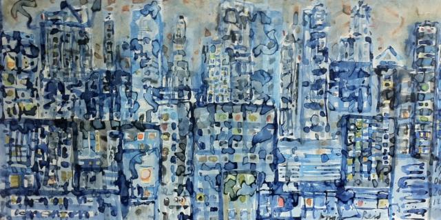 (251013) -- NANCHANG, Oct. 13, 2025 (Xinhua) -- This photo shows a painting on Xuan paper depicting a night view of Shanghai by Australian artist David Reid. TO GO WITH "Feature: Australian artist's 20-year career exploring Chinese art, culture" (Xinhua)