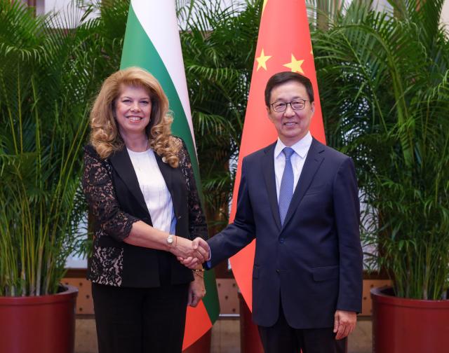 (251013) -- BEIJING, Oct. 13, 2025 (Xinhua) -- Chinese Vice President Han Zheng meets with Bulgarian Vice President Iliana Iotova, who is here for the Global Leaders' Meeting on Women, in Beijing, capital of China, Oct. 13, 2025. (Xinhua/Ding Lin)