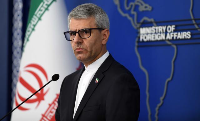 (251013) -- TEHRAN, Oct. 13, 2025 (Xinhua) -- Iranian Foreign Ministry Spokesman Esmaeil Baghaei attends a press conference in Tehran, Iran, on Oct. 13, 2025. Iranian Foreign Ministry spokesman Esmaeil Baghaei said on Monday the recent claim by France, Germany and Britain, collectively known as the E3, about their determination to reinitiate nuclear negotiations with Iran lacks "goodwill and sincerity." (Xinhua/Shadati)
