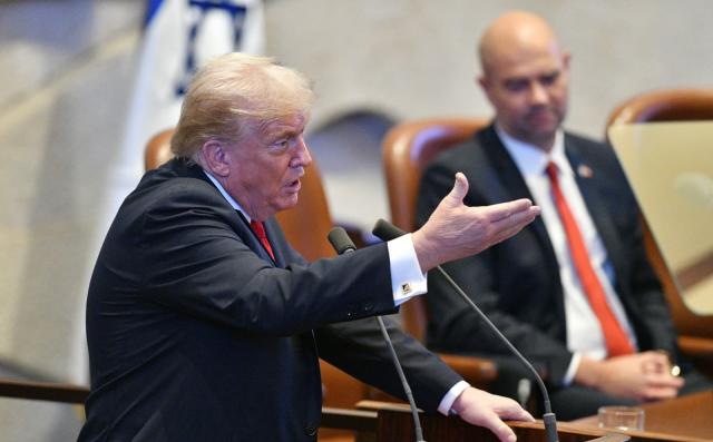 (251013) -- JERUSALEM, Oct. 13, 2025 (Xinhua) -- U.S. President Donald Trump addressed the Israeli parliament, the Knesset, in Jerusalem during a brief visit as the Israel-Hamas ceasefire entered its fourth day, hailing an "end" to Israel's two-year war in Gaza, Oct. 13, 2025. Trump's speech was briefly interrupted when a Knesset member displayed a sign calling for the recognition of Palestine on Monday. (JINI via Xinhua)