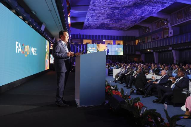 (251013) -- ROME, Oct. 13, 2025 (Xinhua) -- FAO Director-General Qu Dongyu speaks at the opening of the 2025 World Food Forum (WFF) in Rome, Italy, Oct. 13, 2025. The 2025 World Food Forum (WFF) opened Monday at the headquarters of the Food and Agriculture Organization of the United Nations (FAO) in Rome, coinciding with the organization's 80th anniversary. (FAO/Handout via Xinhua)