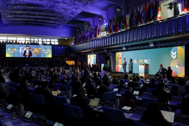 (251013) -- ROME, Oct. 13, 2025 (Xinhua) -- Photo taken on Oct. 13, 2025 shows the opening of the 2025 World Food Forum (WFF) in Rome, Italy. The 2025 World Food Forum (WFF) opened Monday at the headquarters of the Food and Agriculture Organization of the United Nations (FAO) in Rome, coinciding with the organization's 80th anniversary. (FAO/Handout via Xinhua)
