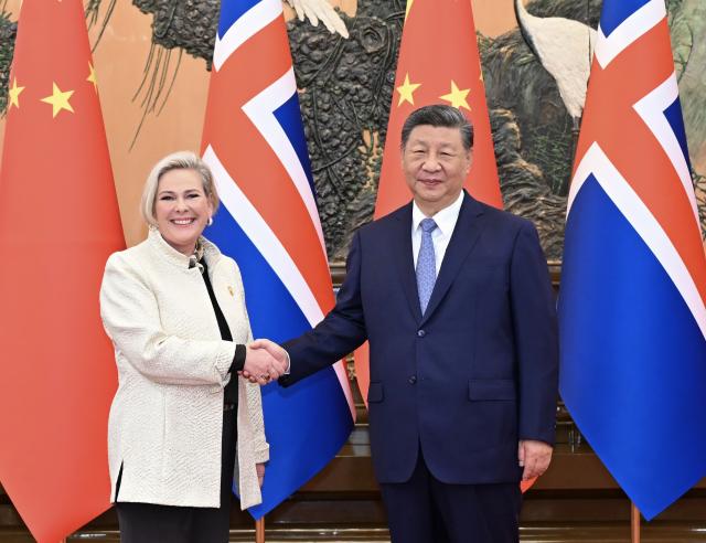 (251014) -- BEIJING, Oct. 14, 2025 (Xinhua) -- Chinese President Xi Jinping meets with President of Iceland Halla Tomasdottir, who is in Beijing for the Global Leaders' Meeting on Women, at the Great Hall of the People in Beijing, capital of China, Oct. 14, 2025. (Xinhua/Li Xiang)