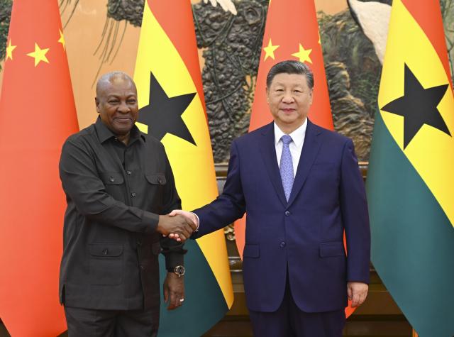 (251014) -- BEIJING, Oct. 14, 2025 (Xinhua) -- Chinese President Xi Jinping meets with Ghanaian President John Dramani Mahama, who is in Beijing for the Global Leaders' Meeting on Women, at the Great Hall of the People in Beijing, capital of China, Oct. 14, 2025. (Xinhua/Xie Huanchi)