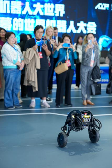 (251014) -- BEIJING, Oct. 14, 2025 (Xinhua) -- Representatives, who are in Beijing for the Global Leaders' Meeting on Women, watch the demonstration of a robot at the Beijing World of Robots in Beijing, capital of China, Oct. 14, 2025. (Xinhua/Xue Yuge)