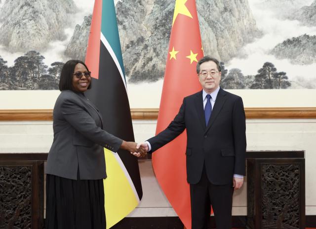 (251014) -- BEIJING, Oct. 14, 2025 (Xinhua) -- Chinese Vice Premier Ding Xuexiang, also a member of the Standing Committee of the Political Bureau of the Communist Party of China Central Committee, meets with Prime Minister of Mozambique Maria Benvinda Delfina Levi, who is in Beijing for the Global Leaders' Meeting on Women, in Beijing, capital of China, Oct. 14, 2025. (Xinhua/Ding Haitao)