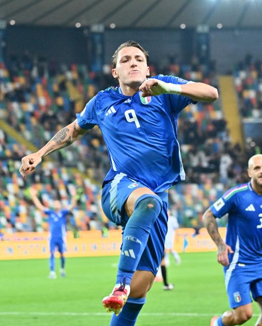 (251015) -- UDINE, Oct. 15, 2025 (Xinhua) -- Mateo Retegui of Italy celebrates his second goal during the FIFA World Cup 2026 European Qualifiers Group I match between Italy and Israel in Udine, Italy, Oct. 14, 2025. (Photo by Diego Petrussi/Xinhua)