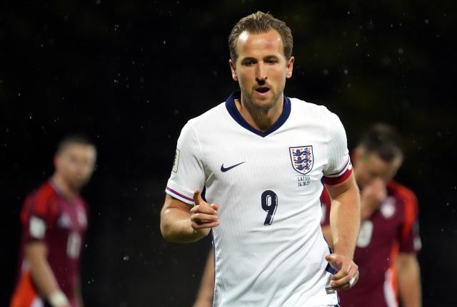 (251015) -- RIGA, Oct. 15, 2025 (Xinhua) -- Harry Kane of England reacts during the 2026 FIFA World Cup European Qualifiers football match between Latvia and England in Riga, Latvia, Oct. 14, 2025. (Photo by Edijs Palens/Xinhua)