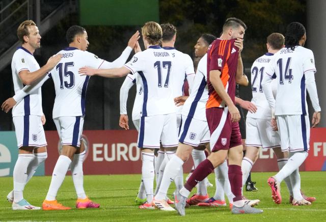 (251015) -- RIGA, Oct. 15, 2025 (Xinhua) -- Players of England celebrate during the 2026 FIFA World Cup European Qualifiers football match between Latvia and England in Riga, Latvia, Oct. 14, 2025. (Photo by Edijs Palens/Xinhua)