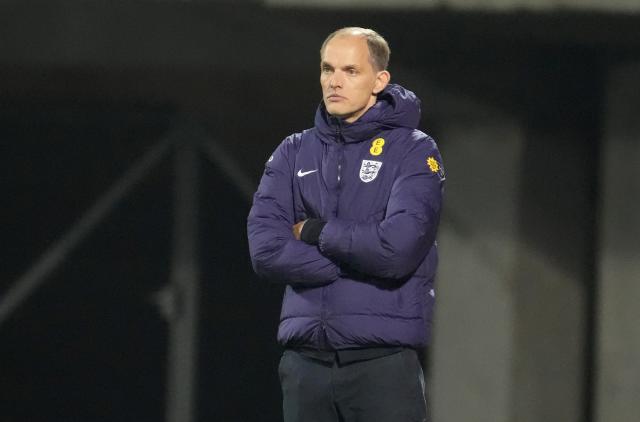 (251015) -- RIGA, Oct. 15, 2025 (Xinhua) -- Head coach of England Thomas Tuchel reacts during the 2026 FIFA World Cup European Qualifiers football match between Latvia and England in Riga, Latvia, Oct. 14, 2025. (Photo by Edijs Palens/Xinhua)