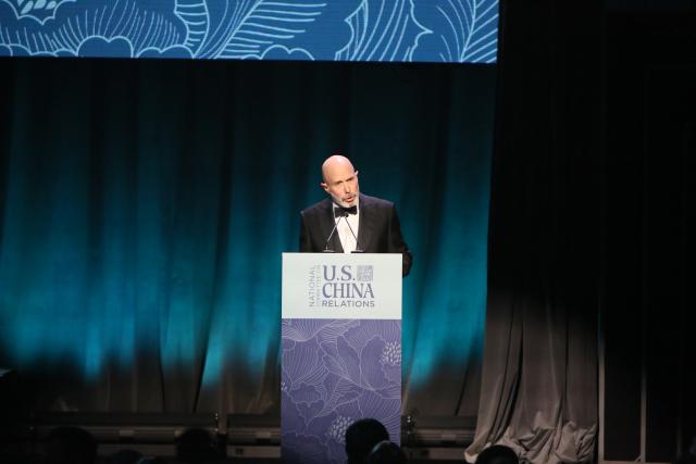 (251015) -- NEW YORK, Oct. 15, 2025 (Xinhua) -- Evan G. Greenberg, executive vice chair of the National Committee on U.S.-China Relations (NCUSCR), speaks at the annual Gala Dinner of the NCUSCR in New York, the United States, on Oct. 14, 2025. Speakers at the annual gala of the National Committee on U.S.-China Relations on Tuesday called for continued dialogue, practical engagement and increased collaboration between Washington and Beijing to stabilize the world's most important bilateral relationship. (Xinhua/Zhang Fengguo)