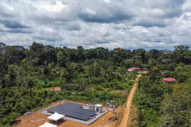 (251015) -- YAOUNDE, Oct. 15, 2025 (Xinhua) -- Aerial photo taken on Oct. 8, 2025 shows a solar power station in Nkelassi, in the Centre Region of Cameroon. TO GO WITH "Zoom Africa: Solar panels light up African future" (Photo by Kepseu/Xinhua)