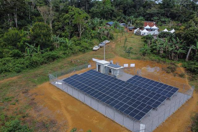 (251015) -- YAOUNDE, Oct. 15, 2025 (Xinhua) -- Aerial photo taken on Oct. 8, 2025 shows a solar power station in Songmimbias, in the Central Region of Cameroon. TO GO WITH "Zoom Africa: Solar panels light up African future" (Photo by Kepseu/Xinhua)