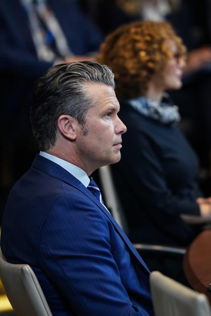 (251016) -- BRUSSELS, Oct. 16, 2025 (Xinhua) -- U.S. Defense Secretary Pete Hegseth attends NATO's defense ministers' meeting in Brussels, Belgium, Oct. 15, 2025. The flight carrying U.S. Defense Secretary Pete Hegseth landed at a military airport in Britain on Wednesday evening after declaring an emergency, according to aircraft surveillance platform ADS-B Exchange.
  The flight, SAM 153, was flying over the North Atlantic before turning back to Britain. The flight was en route back to the United States from NATO's defense ministers' meeting in Belgium, said Pentagon spokesperson Sean Parnell. (Xinhua/Peng Ziyang)