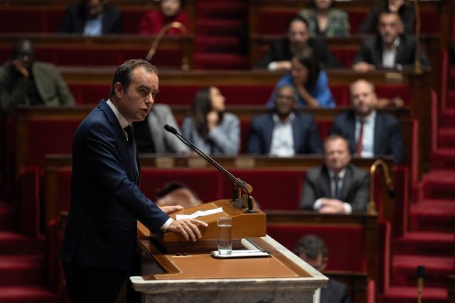 (251016) -- PARIS, Oct. 16, 2025 (Xinhua) -- French Prime Minister Sebastien Lecornu delivers a speech during the debate on the no-confidence motion against his government at the National Assembly in Paris, France, Oct. 16, 2025. The French government led by Prime Minister Sebastien Lecornu survives two no-confidence motions in the National Assembly on Thursday, thus avoiding collapse in a particularly tense political climate. (Photo by Aurelien Morissard/Xinhua)