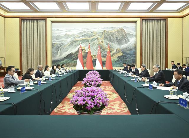 (251016) -- BEIJING, Oct. 16, 2025 (Xinhua) -- Chen Wenqing, a member of the Political Bureau of the Communist Party of China (CPC) Central Committee and head of the Commission for Political and Legal Affairs of the CPC Central Committee, meets with Singaporean Minister for Social and Family Development Masagos Zulkifli in Beijing, capital of China, Oct. 15, 2025. (Xinhua/Yan Yan)
