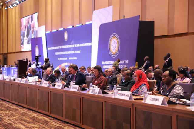(251016) -- KAMPALA, Oct. 16, 2025 (Xinhua) -- Delegates attend a ministerial meeting of the Coordinating Bureau of the Non-Aligned Movement (NAM) in Kampala, Uganda, Oct. 15, 2025. Foreign ministers from member states of the Non-Aligned Movement (NAM) on Wednesday opened a two-day meeting in Uganda's capital Kampala, renewing calls for multilateralism amid rising geopolitical tensions.
TO GO WITH "NAM ministers renew call for multilateralism at Uganda meeting" (Photo by Ronald Ssekandi/Xinhua)