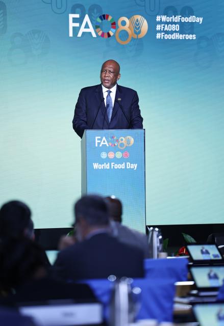 (251016) -- ROME, Oct. 16, 2025 (Xinhua) -- King Letsie III of Lesotho addresses the event commemorating World Food Day and the Food and Agriculture Organization of the United Nations (FAO)'s 80th anniversary in Rome, Italy, on Oct, 16, 2025. (Xinhua/Li Jing)