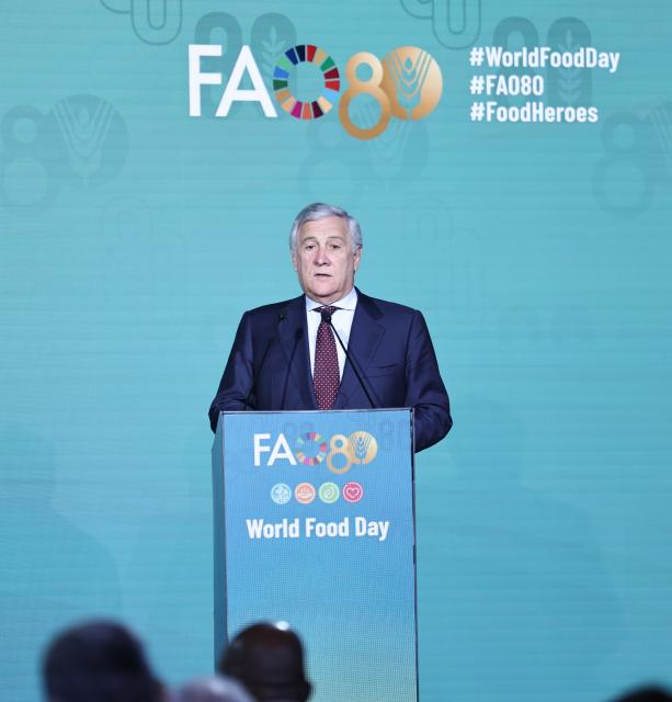 (251016) -- ROME, Oct. 16, 2025 (Xinhua) -- Italy's Deputy Prime Minister and Minister of Foreign Affairs and International Cooperation Antonio Tajani addresses the event commemorating World Food Day and the Food and Agriculture Organization of the United Nations (FAO)'s 80th anniversary in Rome, Italy, on Oct, 16, 2025. (Xinhua/Li Jing)