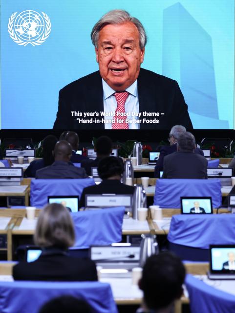 (251016) -- ROME, Oct. 16, 2025 (Xinhua) -- United Nations (UN) Secretary-General Antonio Guterres addresses the event commemorating World Food Day and the Food and Agriculture Organization of the United Nations (FAO)'s 80th anniversary in a video message in Rome, Italy, on Oct, 16, 2025. (Xinhua/Li Jing)