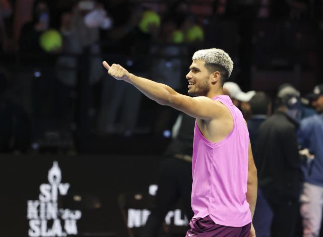 (251017) -- RIYADH, Oct. 17, 2025 (Xinhua) -- Carlos Alcaraz of Spain celebrates after winning the semifinal match against Taylor Fritz of the United States at the Six Kings Slam tennis tournament in Riyadh, Saudi Arabia, Oct. 16, 2025. (Xinhua/Luo Chen)