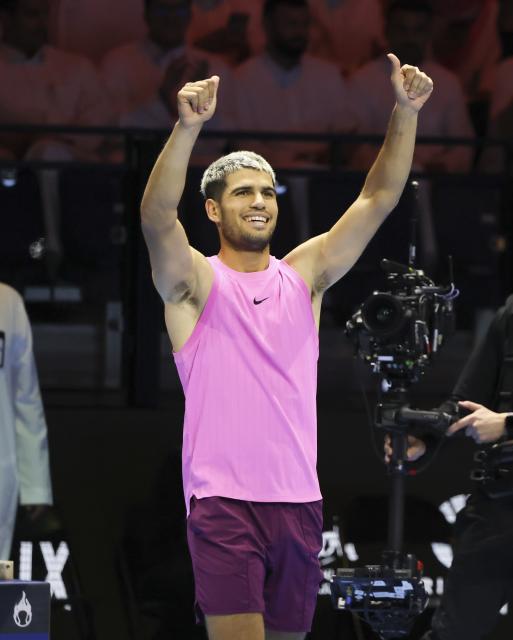 (251017) -- RIYADH, Oct. 17, 2025 (Xinhua) -- Carlos Alcaraz of Spain celebrates after winning the semifinal match against Taylor Fritz of the United States at the Six Kings Slam tennis tournament in Riyadh, Saudi Arabia, Oct. 16, 2025. (Xinhua/Luo Chen)