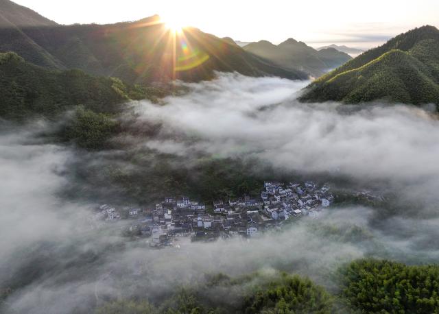 (251017) -- BEIJING, Oct. 17, 2025 (Xinhua) -- An aerial drone photo taken on Oct. 16, 2025 shows the cloud shrouded bamboo forest and village in Yixian County, Huangshan City, east China's Anhui Province. (Photo by Shi Yalei/Xinhua)