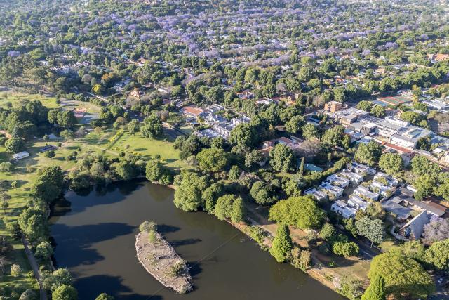 (251017) -- JOHANNESBURG, Oct. 17, 2025 (Xinhua) -- An aerial drone photo taken on Oct. 16, 2025 shows blooming jacaranda trees in Johannesburg, South Africa. The jacaranda trees here bloom from mid-October to early November each year. (Photo by Shiraaz Mohamed/Xinhua)