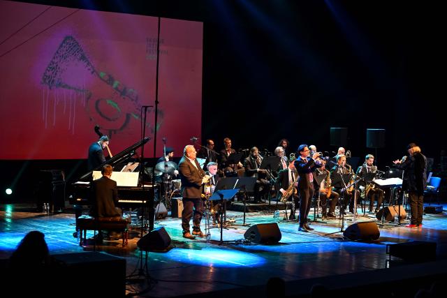(251017) -- SKOPJE, Oct. 17, 2025 (Xinhua) -- A performance is staged at the opening of the 44th Skopje Jazz Festival, in Skopje, North Macedonia, Oct. 16, 2025. (Photo by Tomislav Georgiev/Xinhua)