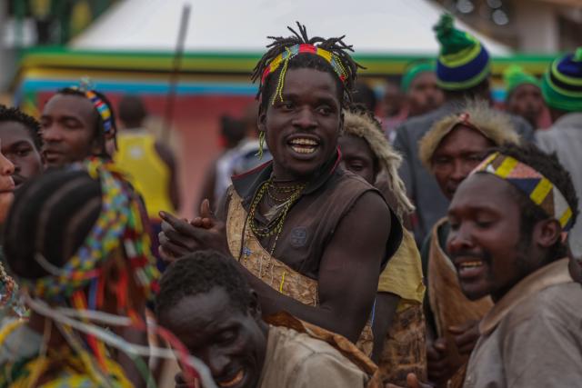 (251017) -- DAR ES SALAAM, Oct. 17, 2025 (Xinhua) -- Local residents perform to celebrate the handover and inauguration of the China-aided Ngorongoro-Lengai Geopark in Arusha, Tanzania, Oct. 16, 2025. TO GO WITH "China, Tanzania unveil landmark Ngorongoro-Lengai Geopark" (Xinhua/Emmanuel Herman)