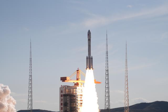 (251017) -- TAIYUAN, Oct. 17, 2025 (Xinhua) -- A modified Long March-6 carrier rocket carrying a new satellite group blasts off from the Taiyuan Satellite Launch Center in north China's Shanxi Province on Oct. 17, 2025. The satellite group, which will constitute the Spacesail Constellation -- a commercial Chinese low-orbit satellite network, was launched at 3:08 p.m. (Beijing Time) and entered its preset orbit successfully. (Photo by Wang Yapeng/Xinhua)