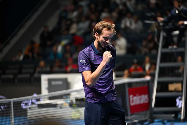 (251017) -- ALMATY, Oct. 17, 2025 (Xinhua) -- Daniil Medvedev of Russia celebrates during the men's singles quarterfinal match against Fabian Marozsan of Hungary at the ATP250 Almaty Tennis Open in Almaty, Kazakhstan, on Oct. 17, 2025. (Xinhua/Li Renzi)