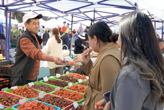 (251018) -- BISHKEK, Oct. 18, 2025 (Xinhua) -- People select agricultural products at an agro-industrial exhibition and agricultural fair in Bishkek, Kyrgyzstan, Oct. 17, 2025. A three-day agro-industrial exhibition and agricultural fair opened here on Friday, bringing together exhibitors from various regions of the country. It aims to showcase Kyrgyzstan's agricultural development achievements and strengthen agricultural exchanges and cooperation among regions. (Photo by Roman/Xinhua)
