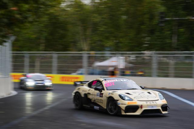(251018) -- BEIJING, Oct. 18, 2025 (Xinhua) -- 610 Racing's Chinese driver Xie Wenjun (front) competes during the qualifying session of SRO GT Cup at the Beijing Street Circuit in Beijing Economic-Technological Development Area (E-Town) of Beijing, China, Oct. 18, 2025. (Xinhua/Zheng Huansong)