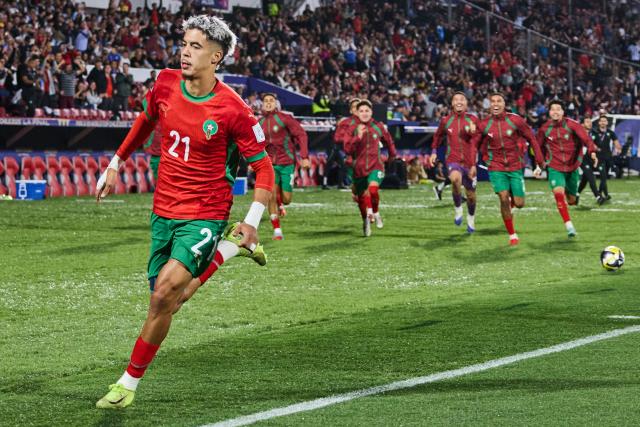 (251020) -- SANTIAGO, Oct. 20, 2025 (Xinhua) -- Yassir Zabiri of Morocco celebrates his goal during the final match between Argentina and Morocco at the FIFA U-20 World Cup Chile 2025 in Santiago, Chile, Oct. 19, 2025. (Xinhua/Meng Dingbo)