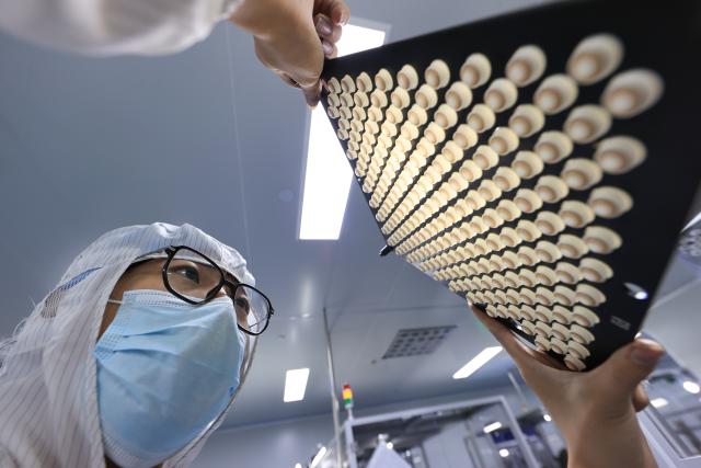 (251020) -- BEIJING, Oct. 20, 2025 (Xinhua) -- An employee works at a workshop of a contact lens manufacturing company in Ganyu District of Lianyungang City, east China's Jiangsu Province, Oct. 13, 2025. China's gross domestic product (GDP) grew 5.2 percent year on year in the first three quarters of 2025, data from the National Bureau of Statistics (NBS) showed Monday. (Photo by Si Wei/Xinhua)