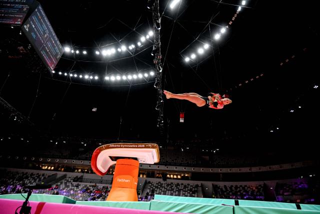 (251021) -- JAKARTA, Oct. 21, 2025 (Xinhua) -- Karina Schoenmaier of Germany competes during the Women's Vault Qualification at the 53rd FIG Artistic Gymnastics World Championships in Jakarta, Indonesia, on Oct. 20, 2025. (Xinhua/Agung Kuncahya B.)