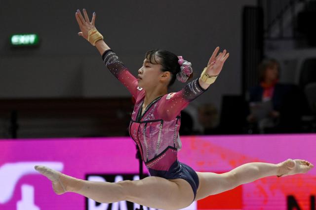(251021) -- JAKARTA, Oct. 21, 2025 (Xinhua) -- Sugihara Aiko of Japan competes during the Women's Floor Exercise Qualification at the 53rd FIG Artistic Gymnastics World Championships in Jakarta, Indonesia, on Oct. 20, 2025. (Xinhua/Agung Kuncahya B.)