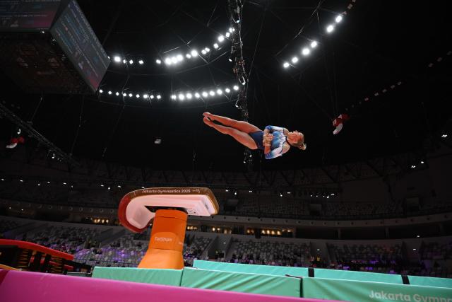(251021) -- JAKARTA, Oct. 21, 2025 (Xinhua) -- Kaia Tanskanen of Finland competes during the Women's Vault Qualification at the 53rd FIG Artistic Gymnastics World Championships in Jakarta, Indonesia, on Oct. 20, 2025. (Xinhua/Agung Kuncahya B.)