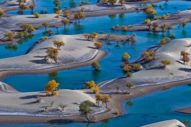 (251021) -- HOTAN, Oct. 21, 2025 (Xinhua) -- An aerial drone photo taken on Oct. 20, 2025 shows the scenery of populus euphratica forests dotted on a lake in Hotan County of the Hotan Prefecture, northwest China's Xinjiang Uygur Autonomous Region. Populus euphratica forests in Hotan of Xinjiang have entered the best viewing period recently, presenting a breathtaking autumn scene. (Xinhua/Xin Yuewei)